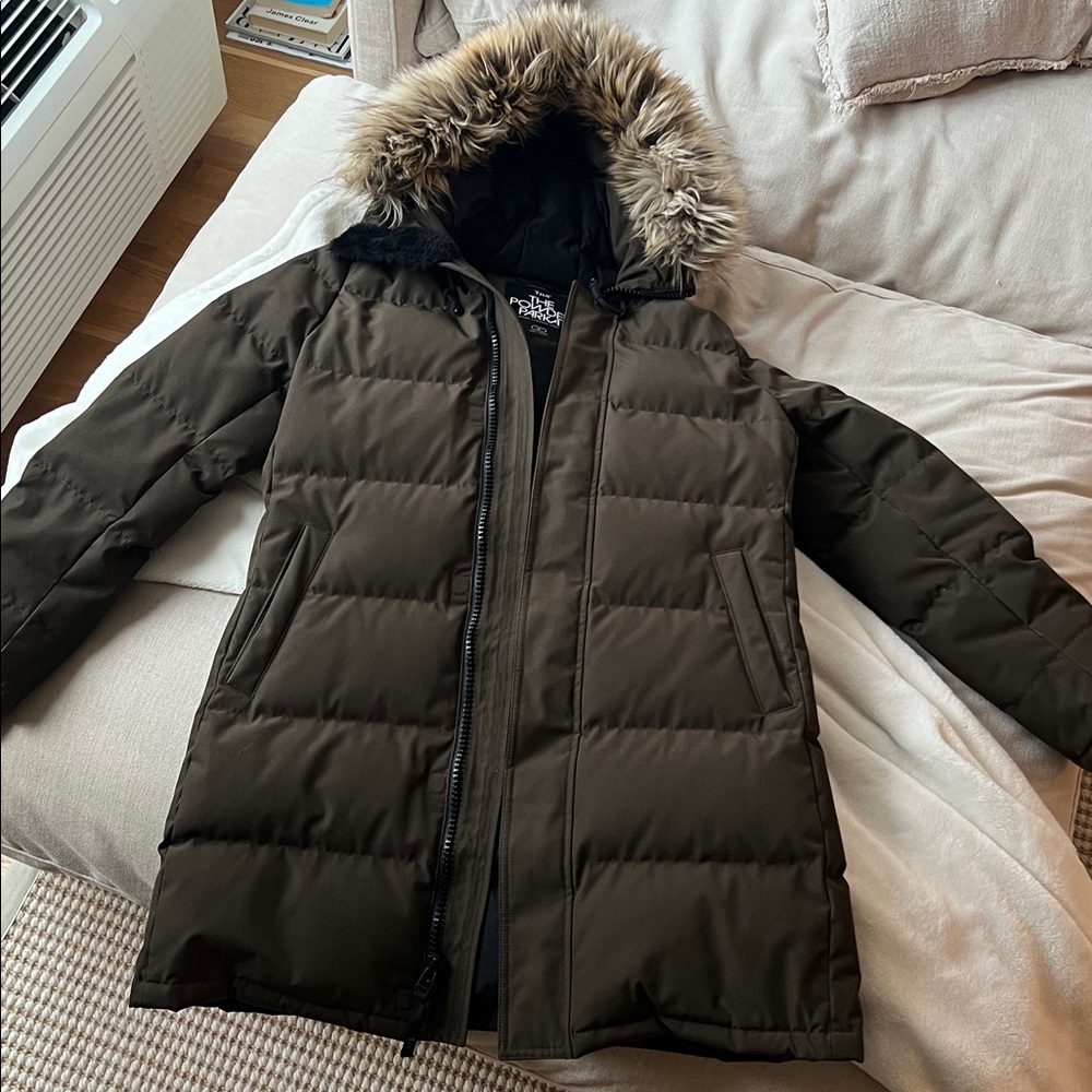 Aritzia TnA The Powder Parka Dark Olive Green mid-length down jacket size M